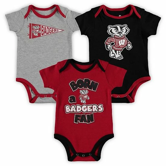 Outerstuff Newborn & Infant Red/Black/Heathered Gray Wisconsin Badgers Born A Fan Three-Piece Bodysuit Set 4 Outerstuff Newborn & Infant Red/Black/Heathered Gray Wisconsin Badgers Born A Fan Three-Piece Bodysuit Set - Image 2