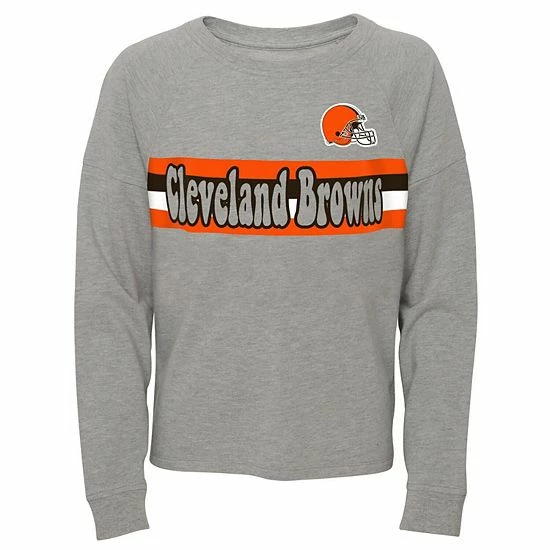 Outerstuff Juniors Heathered Gray Cleveland Browns All Striped Up Raglan Long Sleeve T-Shirt 3 Outerstuff Juniors Heathered Gray Cleveland Browns All Striped Up Raglan Long Sleeve T-Shirt