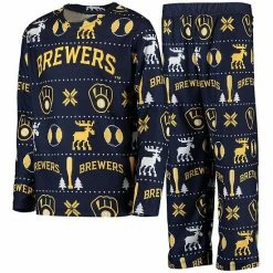 Alternative view of Outerstuff Youth Navy Milwaukee Brewers Allover Print Long Sleeve T-Shirt & Pants Sleep Set