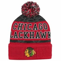 Outerstuff Youth Red Chicago Blackhawks Puck Pattern Cuffed Knit Hat With Pom