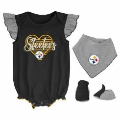Outerstuff Girls Newborn & Infant Black/Heathered Gray Pittsburgh Steelers All The Love Bodysuit Bib & Booties Set