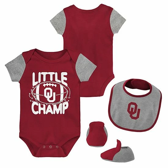 Outerstuff Newborn & Infant Crimson/Heather Gray Oklahoma Sooners Little Champ Bodysuit Bib & Booties Set 3 Outerstuff Newborn & Infant Crimson/Heather Gray Oklahoma Sooners Little Champ Bodysuit Bib & Booties Set
