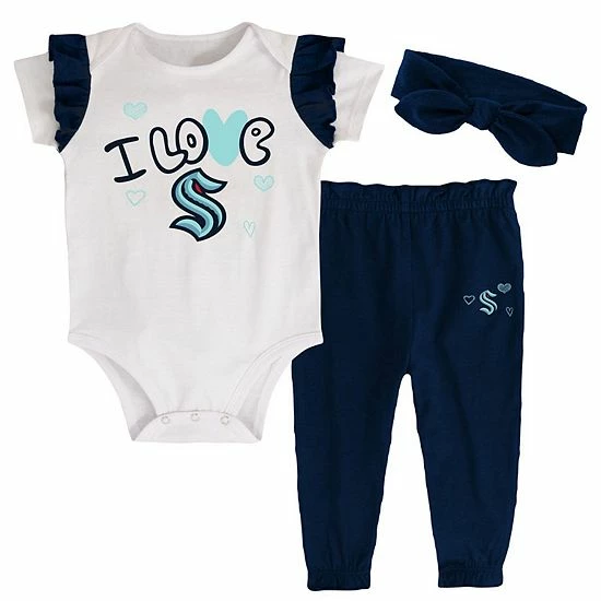 Outerstuff Girls Infant White/Deep Sea Blue Seattle Kraken I Love Hockey Bodysuit Pants & Headband Set 3 Outerstuff Girls Infant White/Deep Sea Blue Seattle Kraken I Love Hockey Bodysuit Pants & Headband Set