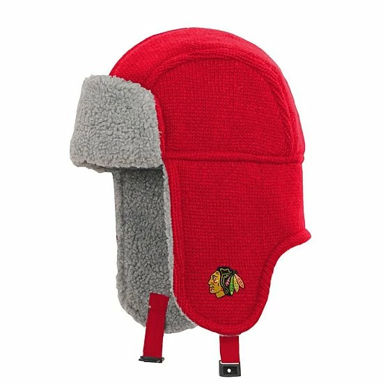 Outerstuff Youth Red Chicago Blackhawks Flat Knit Trapper Hat 4 Outerstuff Youth Red Chicago Blackhawks Flat Knit Trapper Hat - Image 2