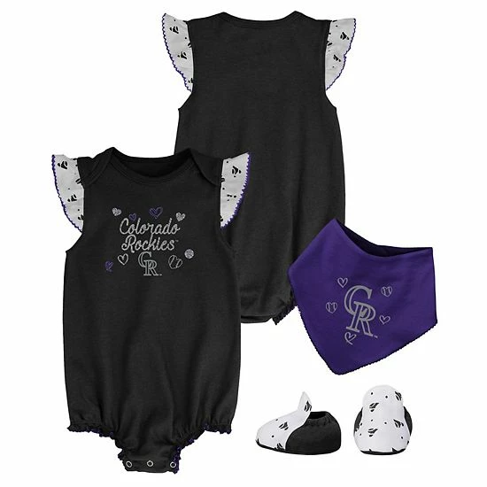 Outerstuff Girls Newborn & Infant Black Colorado Rockies Three-Piece Bodysuit Bib & Bootie Set 3 Outerstuff Girls Newborn & Infant Black Colorado Rockies Three-Piece Bodysuit Bib & Bootie Set