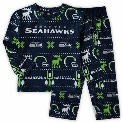 Outerstuff Preschool Navy Seattle Seahawks Allover Print Long Sleeve T-Shirt & Pants Holiday Pajamas Sleep Set